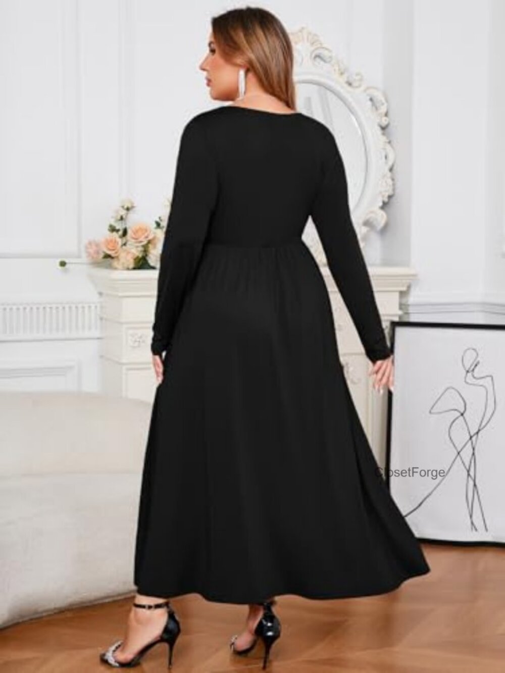 Plus Size 0X-4X Double High Split Maxi Dress Ruffle Sleeve - Picture 2 of 7
